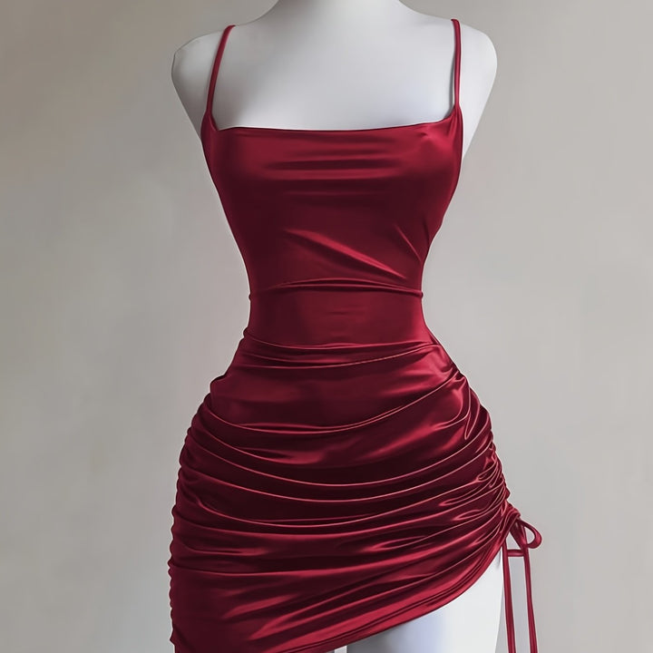 Elegant ruched drawstring mini dress for women, ideal for homecoming, cocktail parties & evening wear.