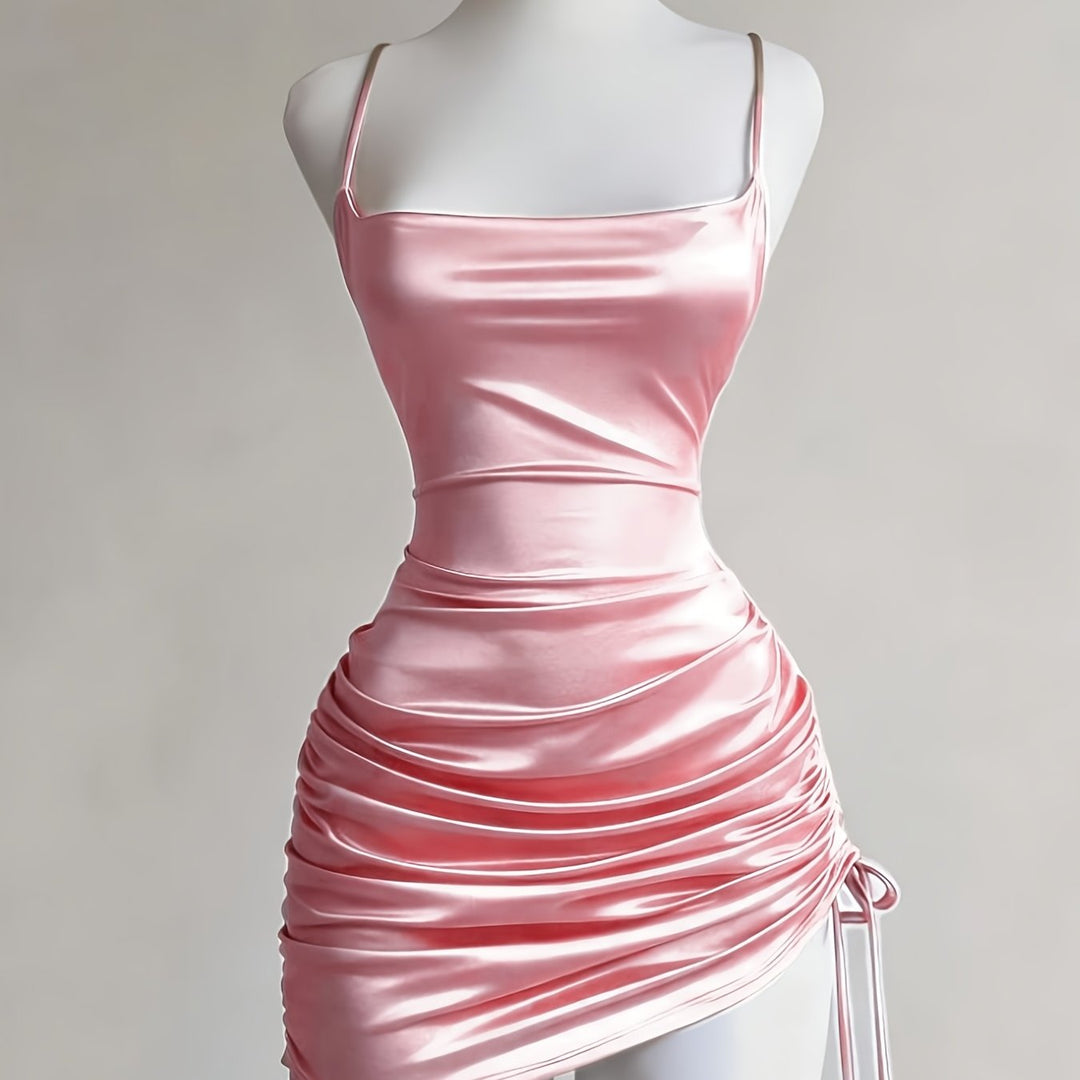 Bodycon ruched mini dress with adjustable drawstring, a flattering women's homecoming and party choice.