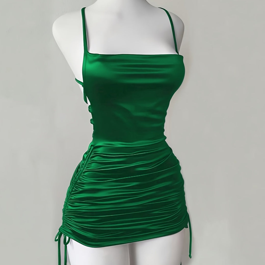 Stylish women's square neck ruched mini dress, with adjustable drawstring, perfect for homecoming & parties.