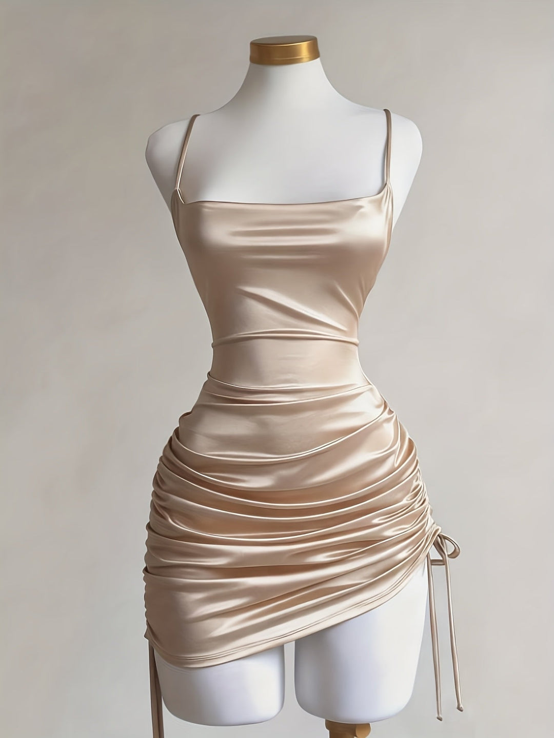 Elegant sleeveless square neck ruched mini dress, ideal as a homecoming or cocktail party outfit.