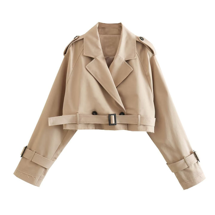 Chic women's short double-breasted trench coat in classic khaki, perfect for seasonal fashion outerwear.