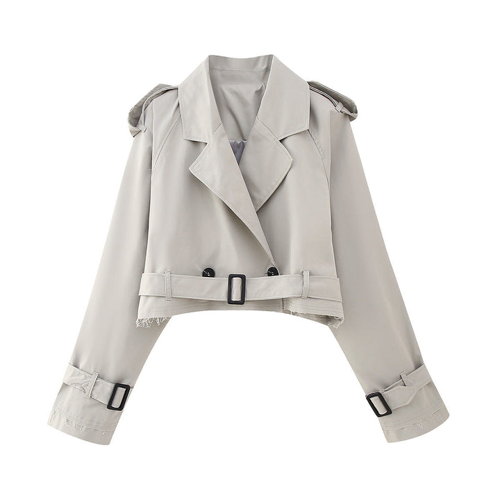 Front view of a women's trendy short double-breasted trench coat, a must-have seasonal outerwear.