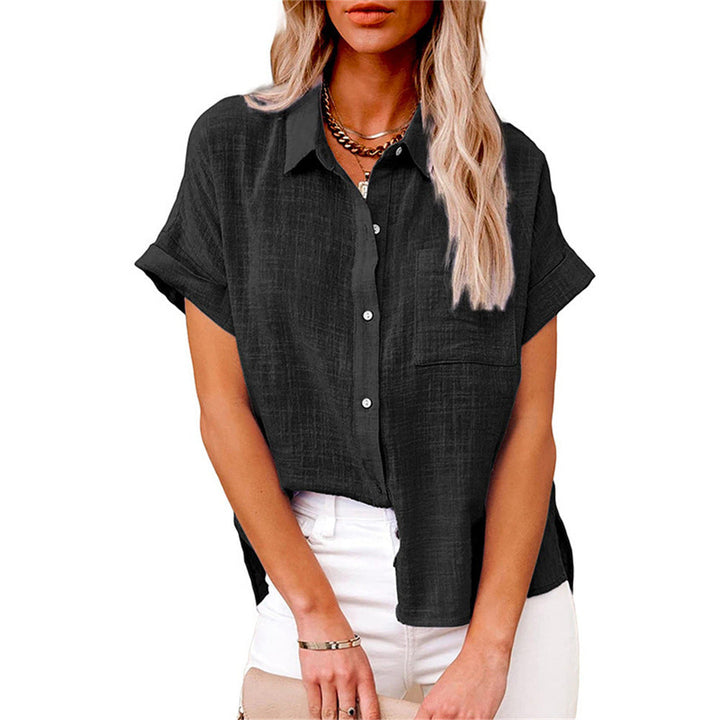 Chic women's short sleeve button-down shirt with collar & front pocket, perfect for casual summer style.