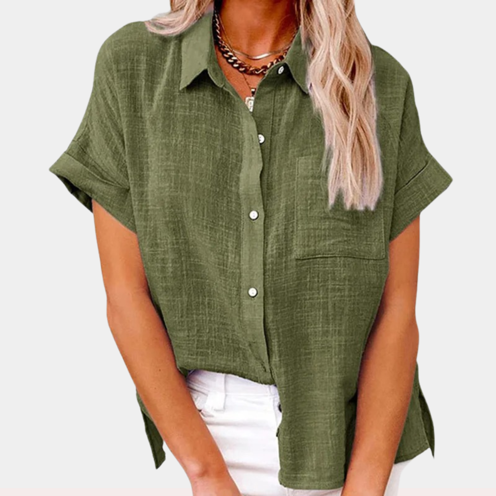 Versatile women's short sleeve button-down shirt for effortless everyday wear, a stylish casual top.