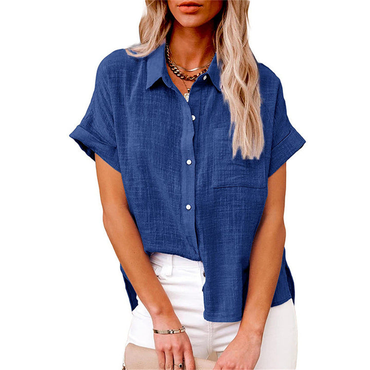 Comfortable & chic women's short sleeve button-down blouse, ideal for summer fashion and versatile outfits.