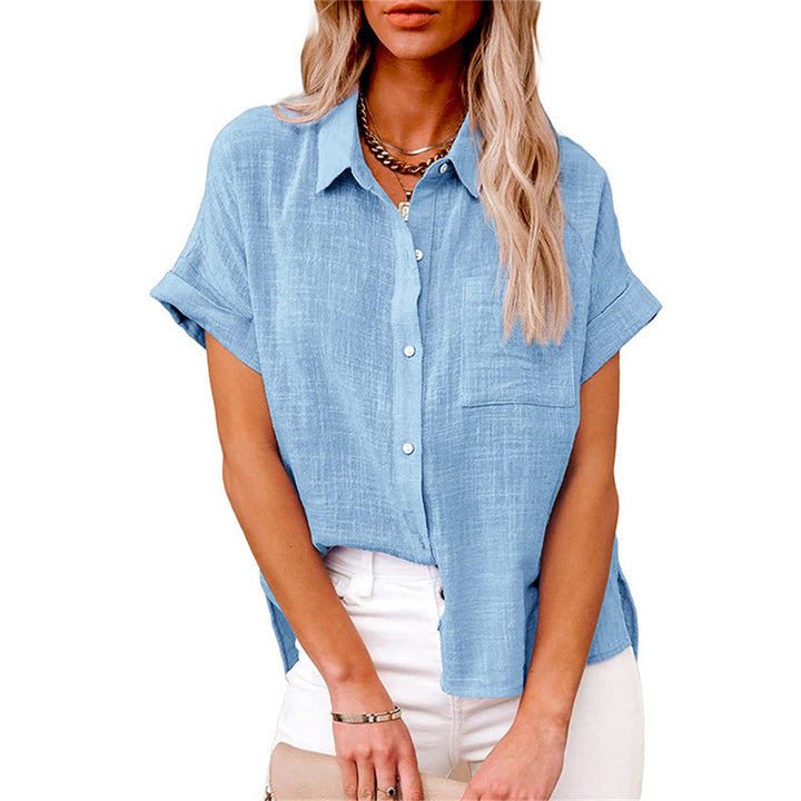 Stylish women's short sleeve button-down shirt featuring a crisp collar & front pocket, perfect casual top.