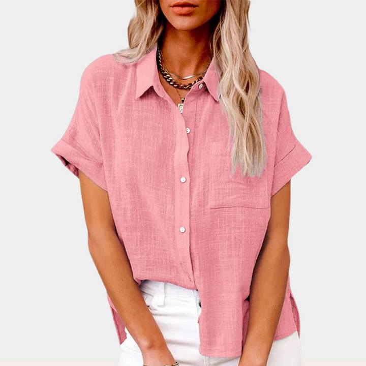 Lightweight women's short sleeve button-down shirt, a must-have for summer fashion & chic everyday wear.