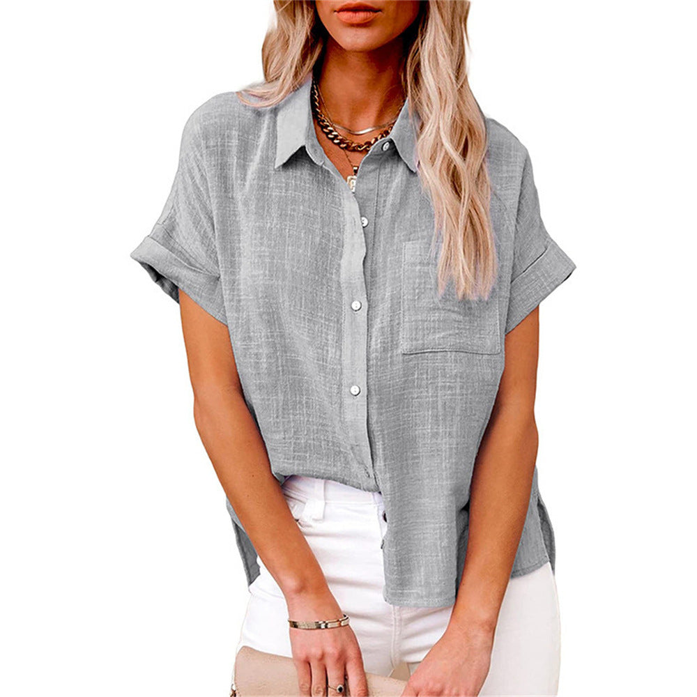 Women's collared short sleeve button-down shirt, a chic blouse with front pocket for casual elegance.