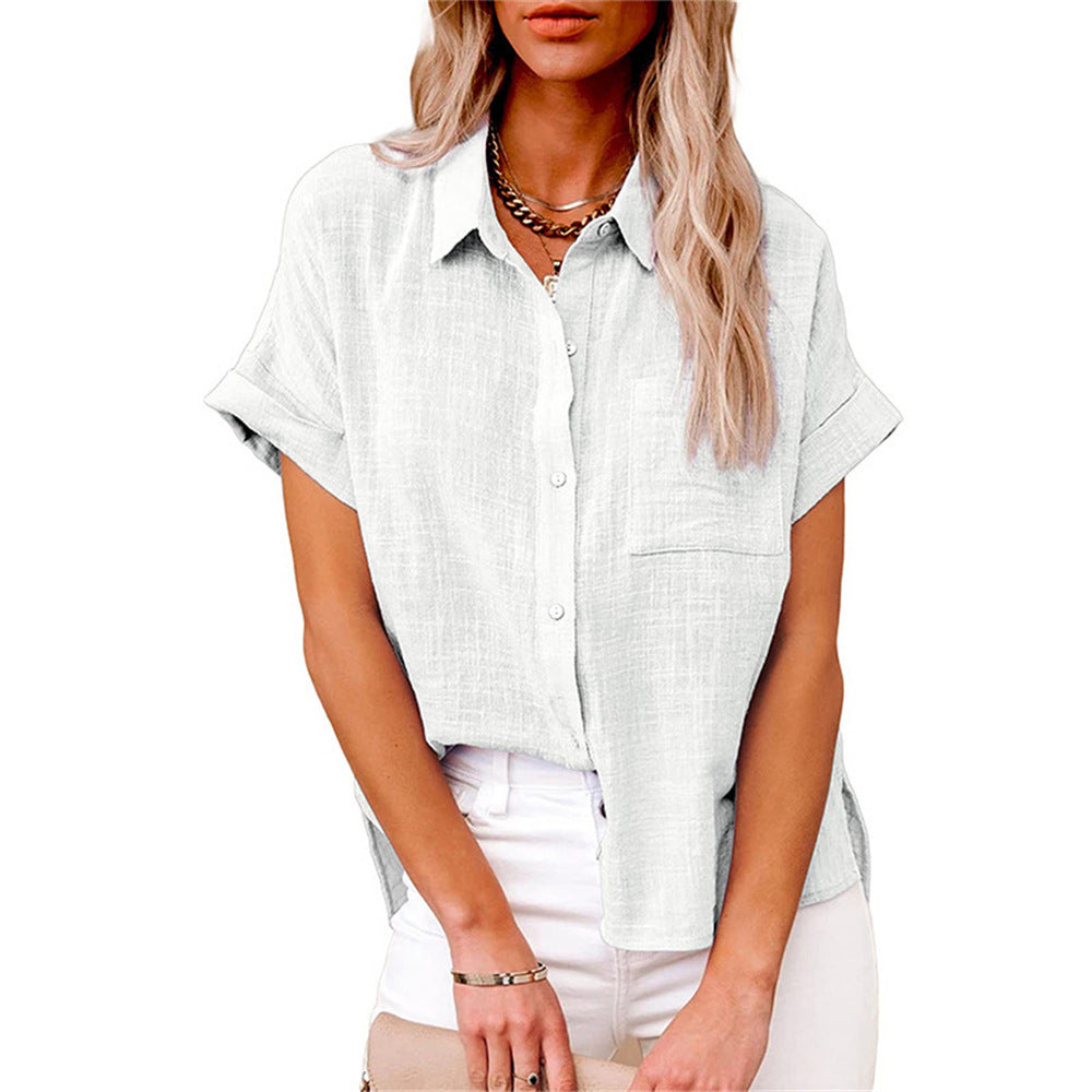 Women's short sleeve button-down shirt, a stylish casual top & versatile blouse for summer everyday wear.