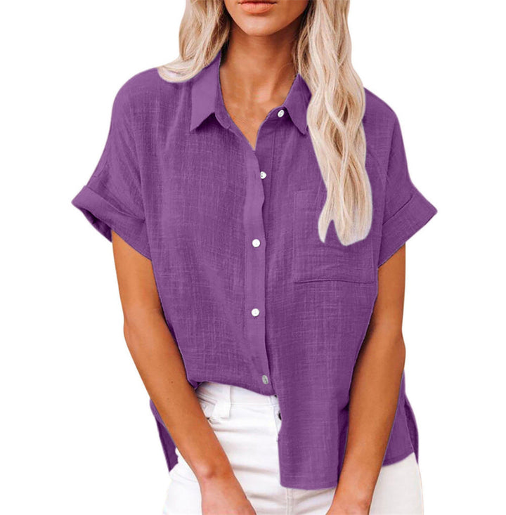 Effortless style: women's short sleeve button-down shirt, a comfortable casual top for chic everyday fashion.