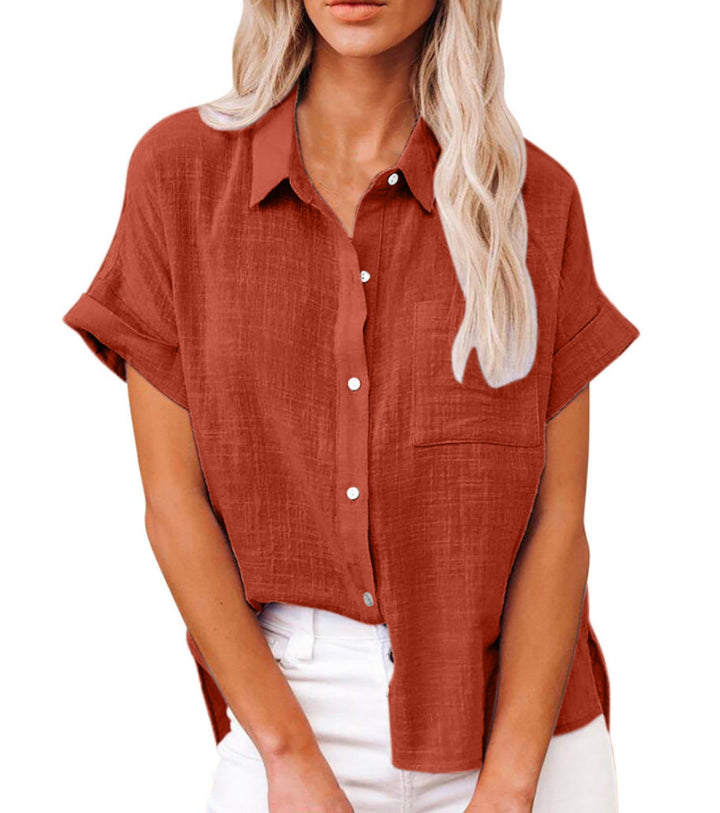 Women's casual short sleeve button-down shirt with collar, front pocket, and chic design for versatile wear.