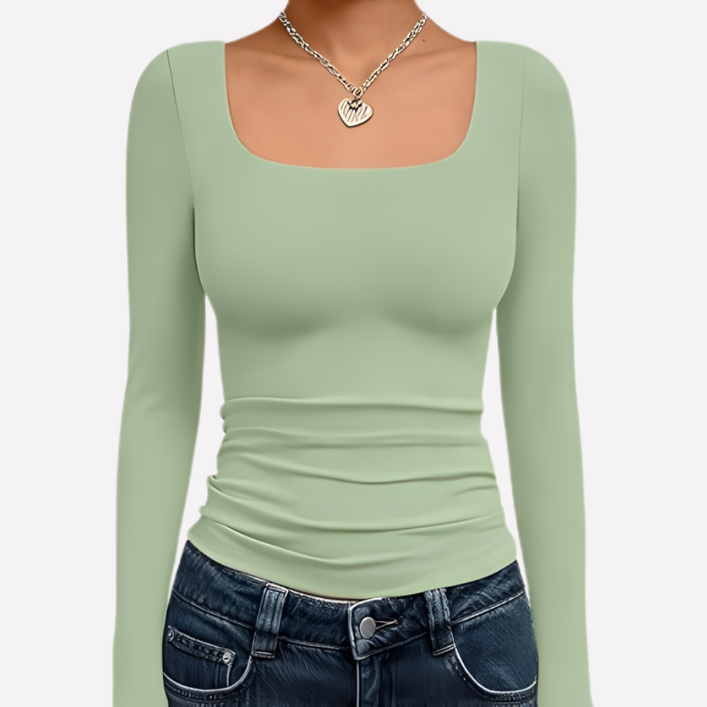 Modern women's top: elegant square neck, long sleeve crop. A versatile, solid color piece for fall fashion.