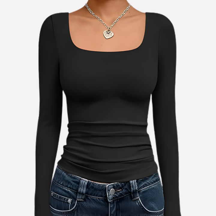 Stylish women's crop top with a modern square neckline & long sleeves. Versatile for spring/fall fashion.