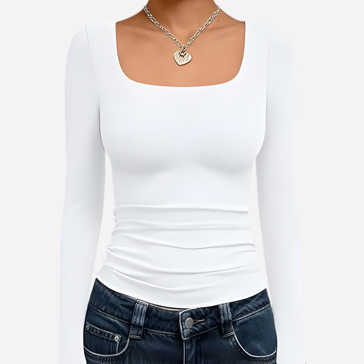 Women's trendy long sleeve crop top. Elegant square neck design for a chic & casual everyday fashion look.