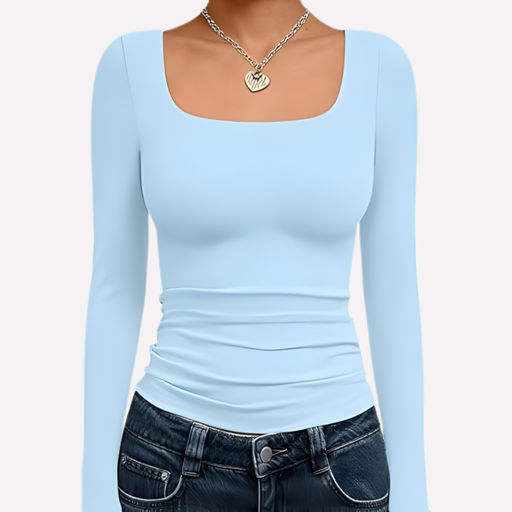 Solid color women's square neck crop top, long sleeve. A versatile piece for modern spring & fall outfits.