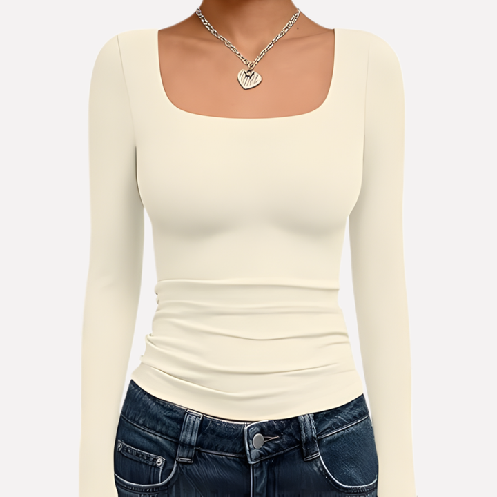 Modern women's long sleeve crop top with a flattering square neck. Great for casual, stylish fashion.