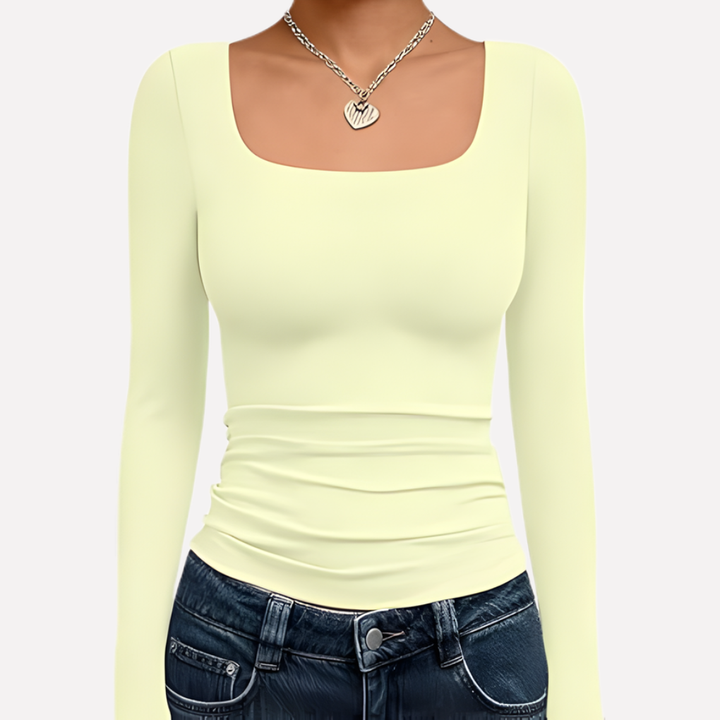 Versatile women's square neck long sleeve crop top. Essential for trendy spring/fall everyday fashion.