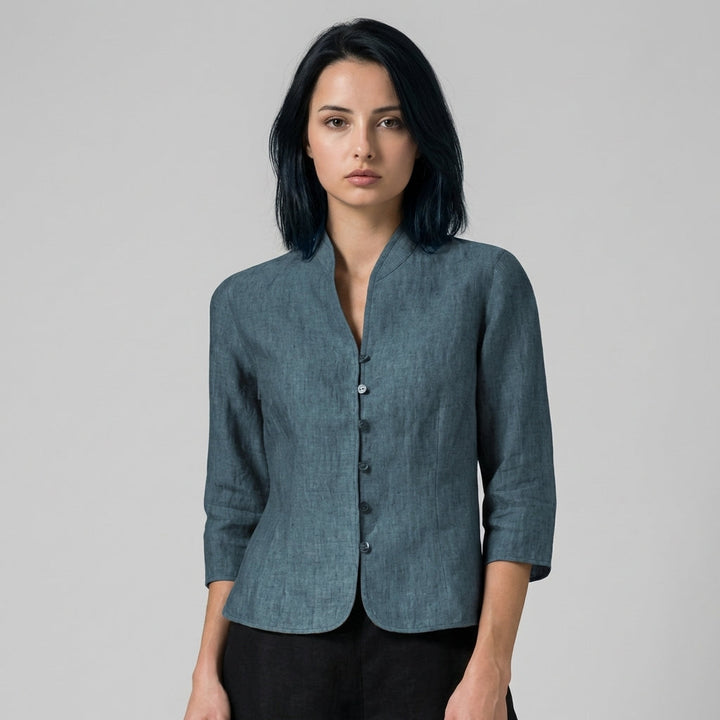 Chic women's stand-collar blouse with three-quarter sleeves & button front. Perfect versatile workwear top.