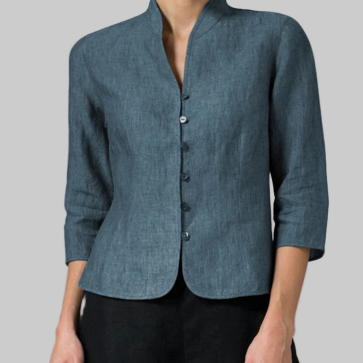 Stylish women's stand-collar blouse, ideal for workwear or chic casual wear. Elegant office top.