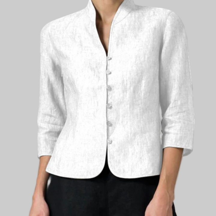 Classic women's stand-collar blouse featuring three-quarter sleeves & a sophisticated button front.