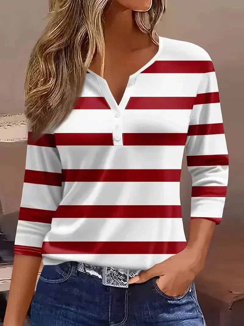 Chic women's striped V-neck blouse with three-quarter sleeves, perfect for casual elegant spring & summer style.