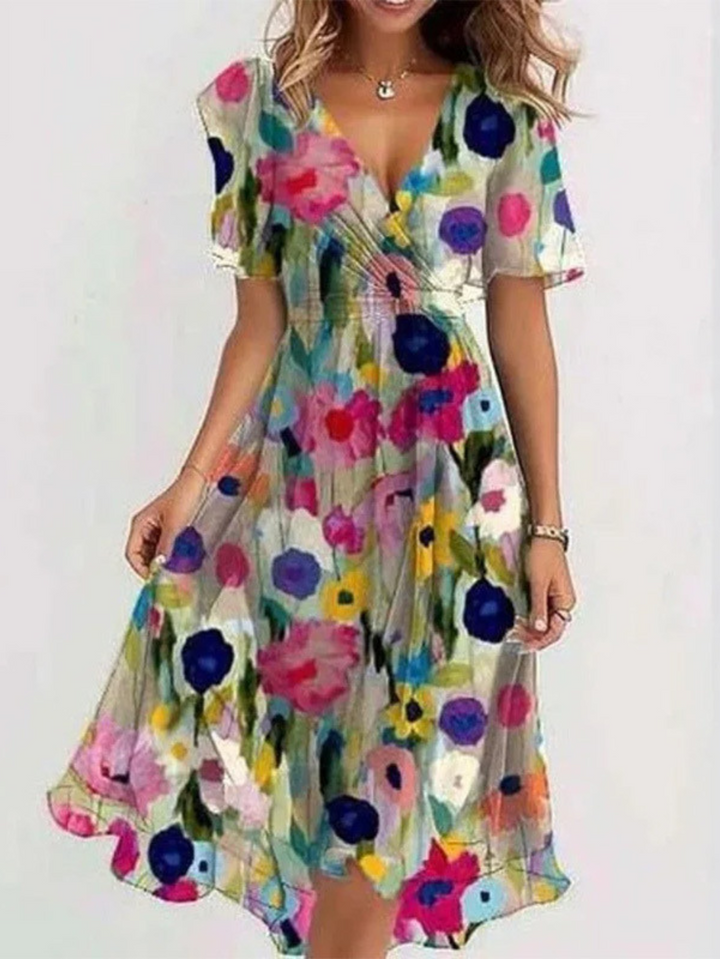 Flattering midi summer dress for women, featuring a stylish belly cover and comfortable, flowy design.