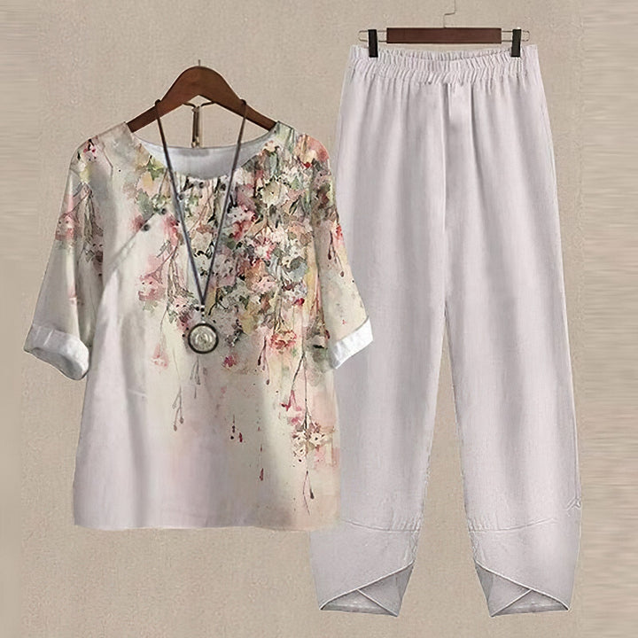 Stylish women's summer set featuring a trendy button-down top & comfortable wide-leg palazzo pants. Casual fashion.