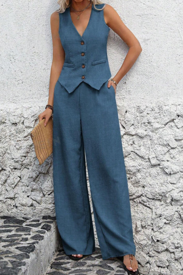 Elegant women's two-piece vest and wide-leg pant set. Perfect chic workwear or stylish summer fashion outfit.