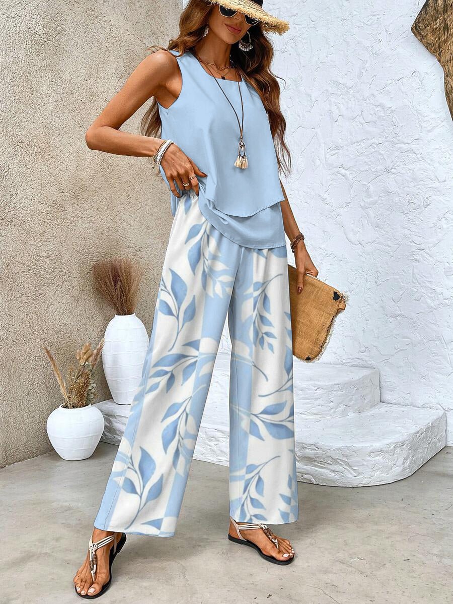 Lightweight women's summer co-ord set: flowy top & comfortable wide-leg pants for a breezy, chic look.