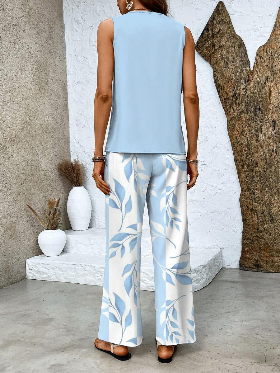 Trendy women's two-piece set featuring a stylish flowy top and flattering wide-leg pants, ideal for summer.