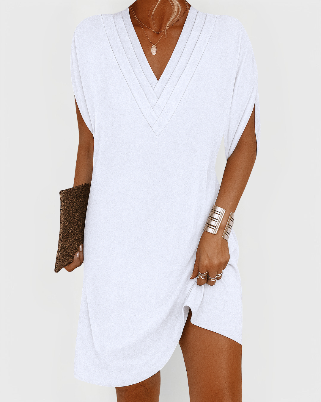 Versatile women's V-neck mini dress with split sleeves, a modern and flowy design for chic summer events.