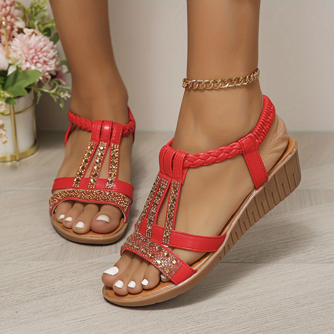 Chic women's woven sandals with sparkling rhinestones, perfect for summer casual wear.