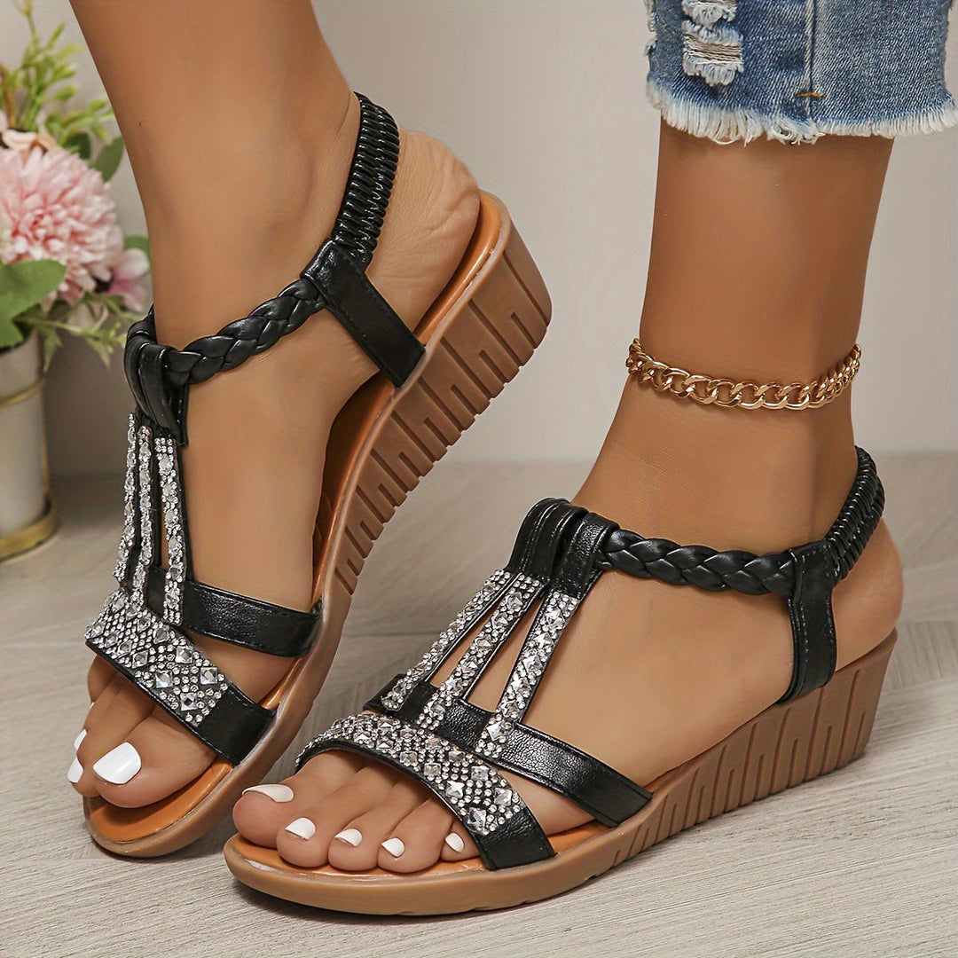 Sparkling rhinestone women's sandals, featuring a chic woven design for ultimate summer comfort.