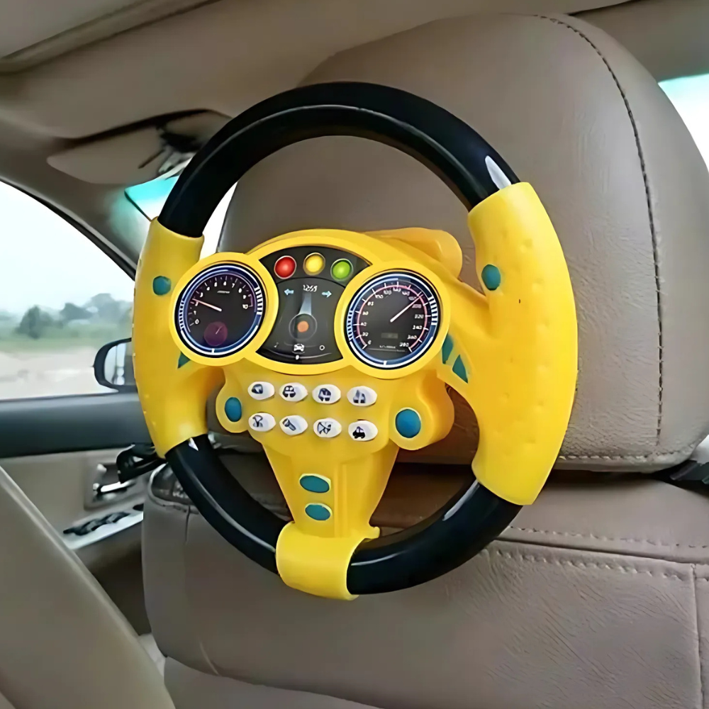 Child's electric steering wheel toy with strong suction cup base for easy attachment & pretend play.