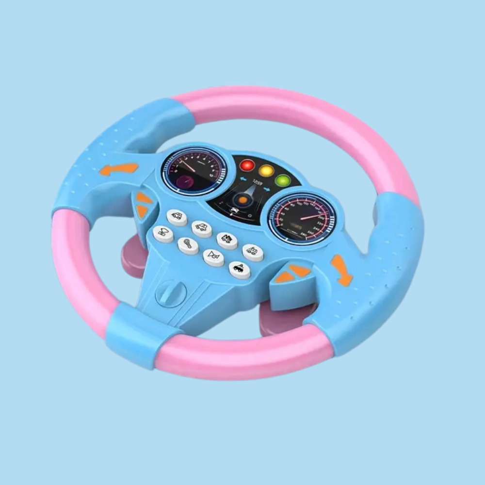 Musical light-up electric steering wheel toy for babies & toddlers; great for imaginative pretend driving.
