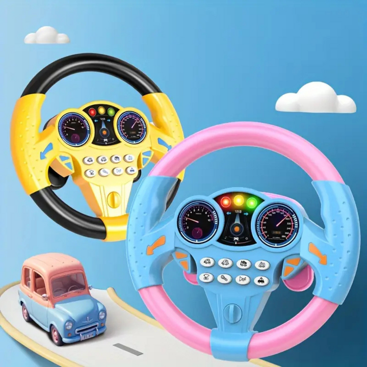Baby driving toy: electric steering wheel with suction cup, ideal for car seat entertainment & interactive fun.