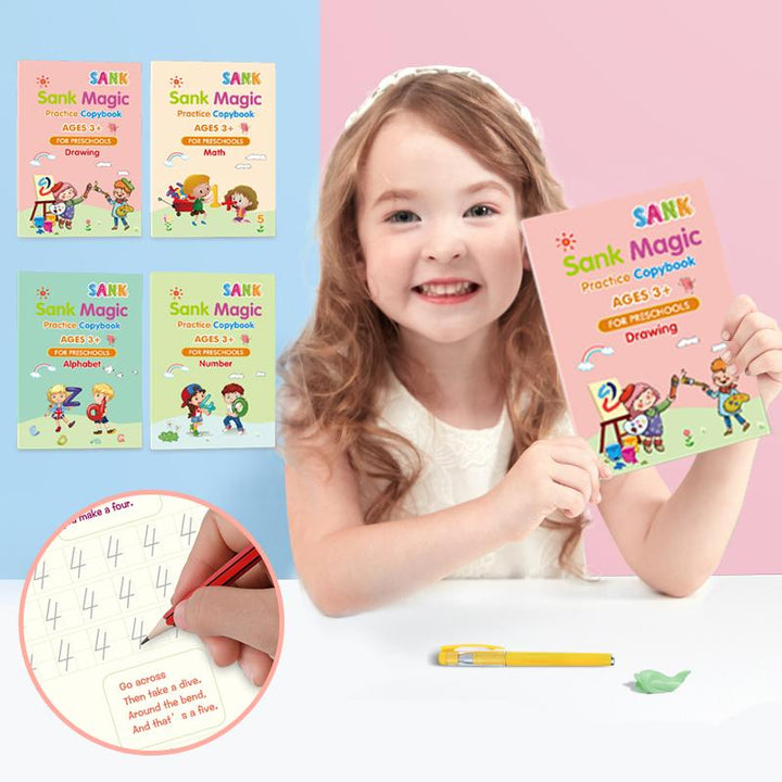 Children practicing handwriting in a reusable magic copybook set with a special pen and colorful illustrations