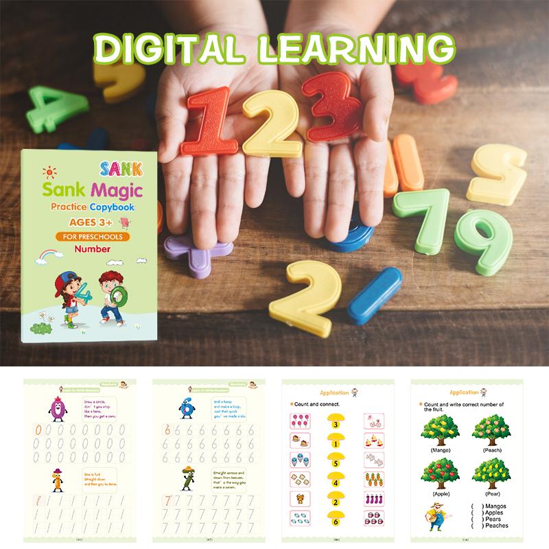 Child-friendly magic copybook set with grooved pages, aiding in early handwriting development and education.