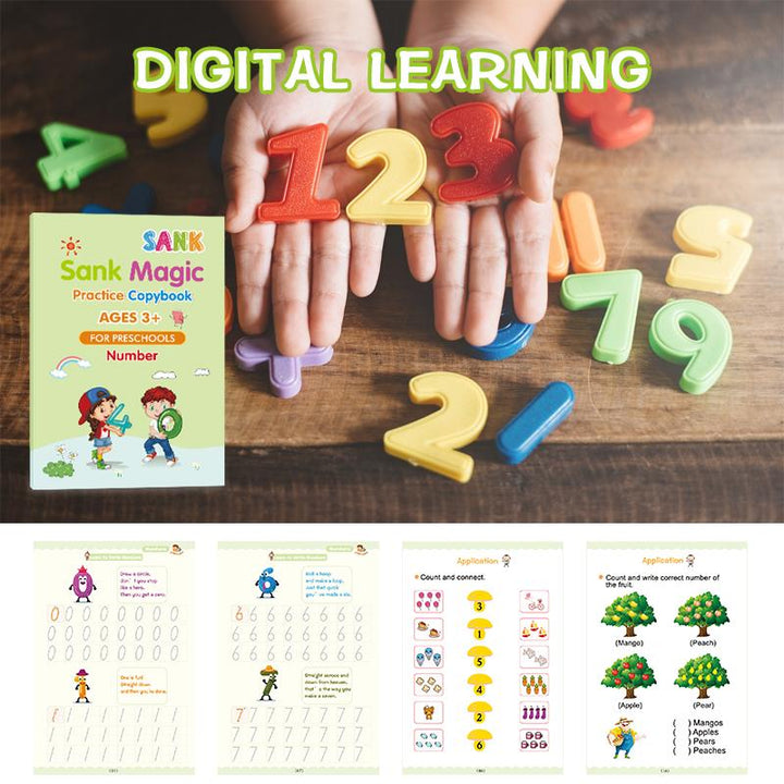 Child-friendly magic copybook set with grooved pages, aiding in early handwriting development and education.