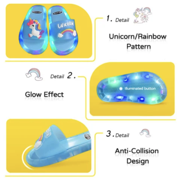 Children's purple LED light-up summer slippers on a white background, highlighting the anti-slip design.