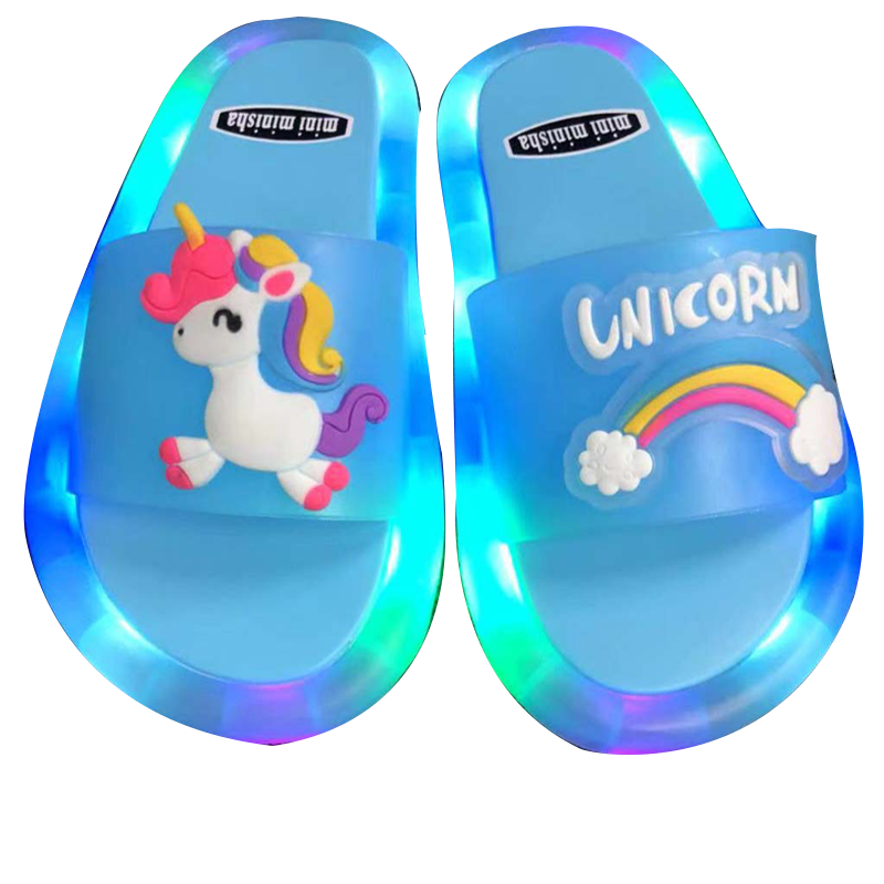 Assortment of colorful children's LED light-up slippers, ready for summer adventures.