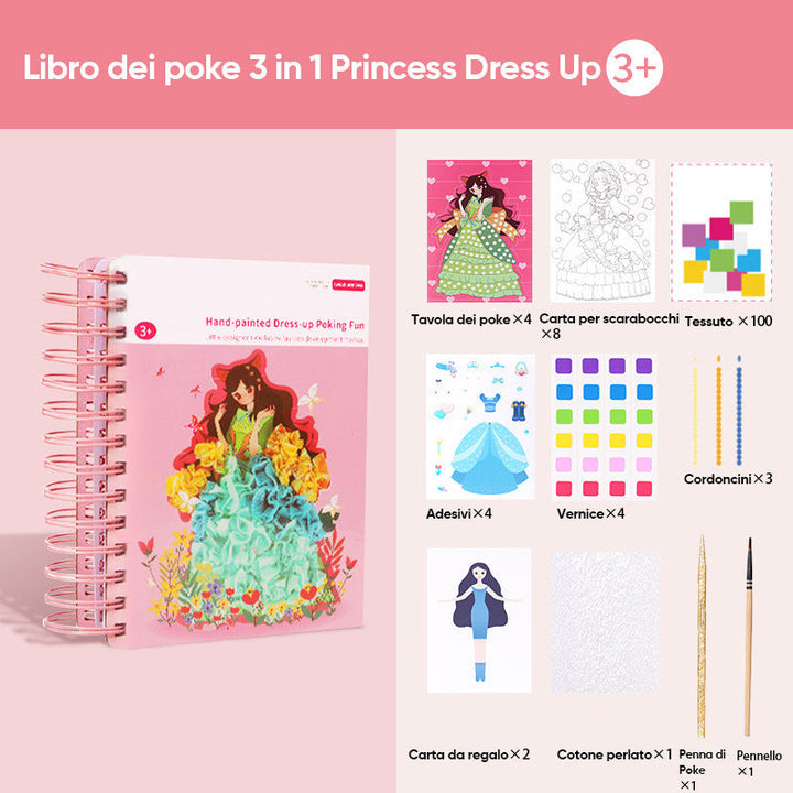 Open Children's Princess Activity Book showing coloring pages with princesses in different poses