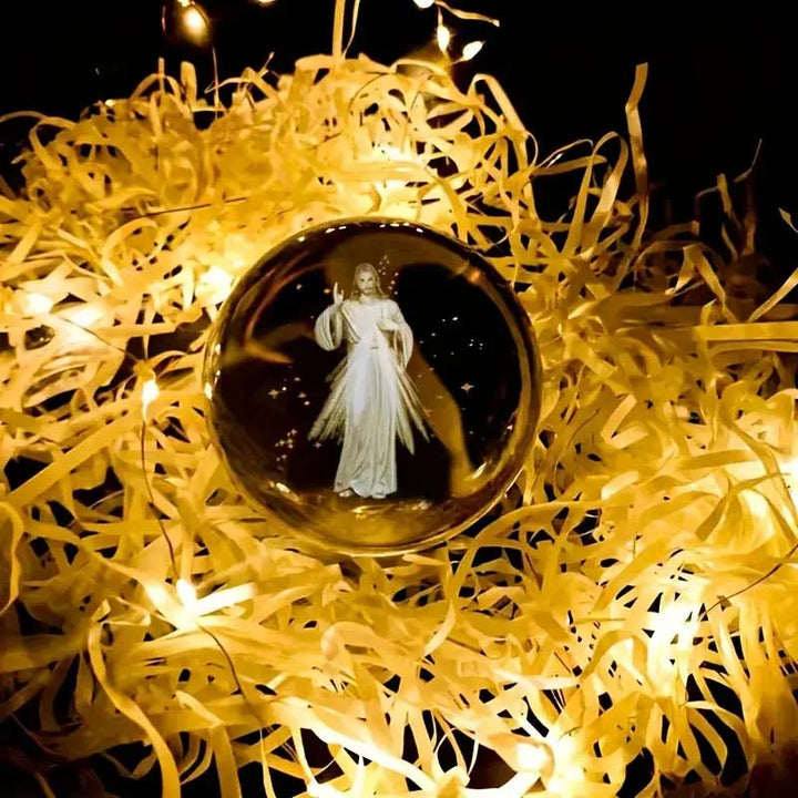 Crystal Ball featuring a detailed image of Jesus, LED illuminated, devotional Christian item
