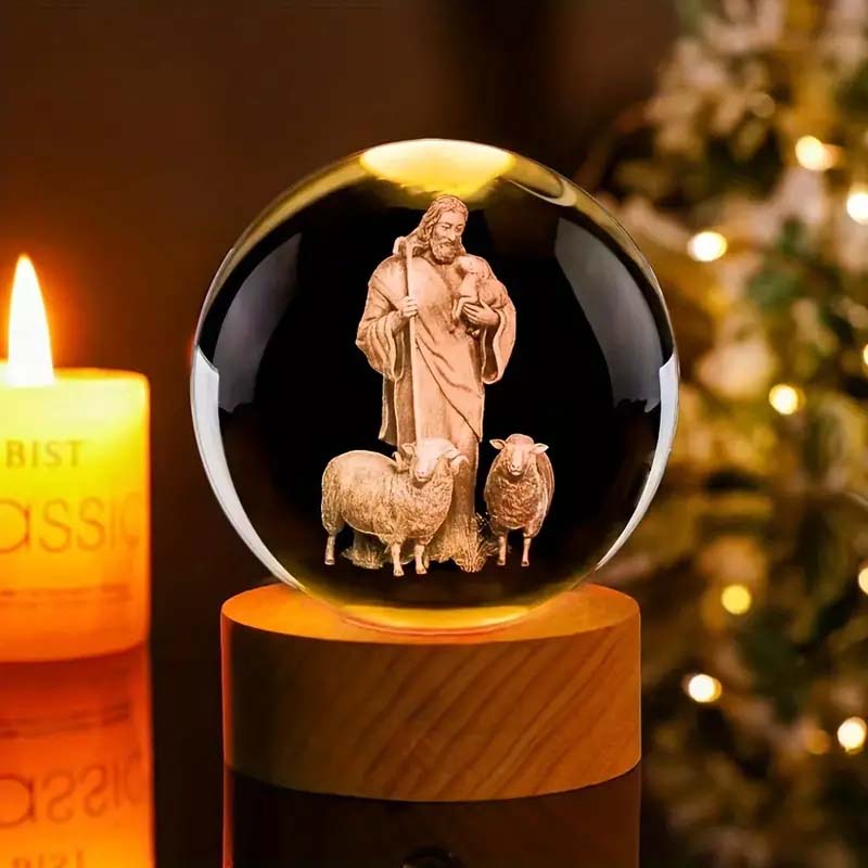 Modern Christian Faith Crystal Ball design, sleek base, subtle glow, inspiring home accent