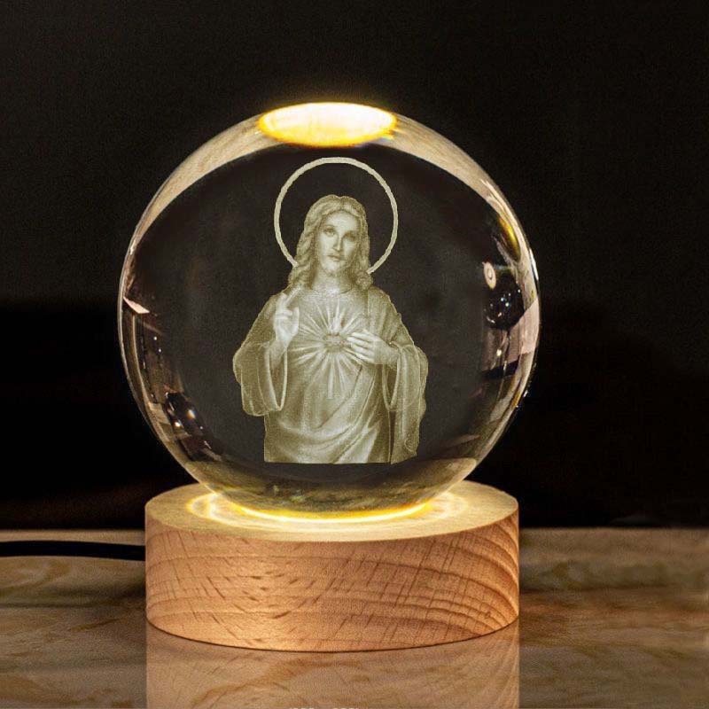 Christian Faith Glowing Crystal Ball and Bible on a nightstand, serene spiritual atmosphere