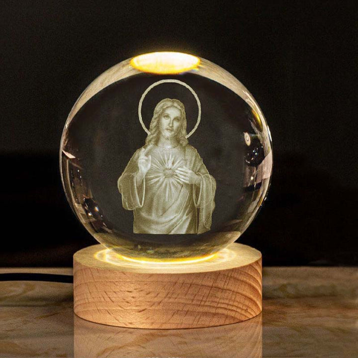 Christian Faith Glowing Crystal Ball and Bible on a nightstand, serene spiritual atmosphere