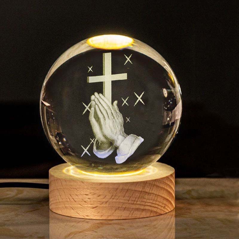Crystal ball with a subtle cross pattern, elegant Christian faith glowing collectible for home
