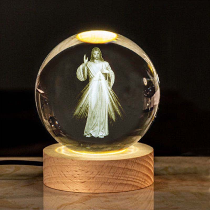 Display of glowing Christian Faith Crystal Balls in different lighting conditions, versatile decor