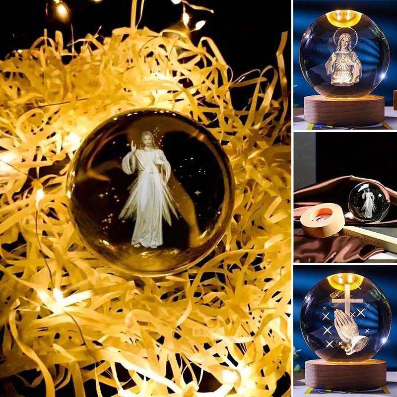 Glowing Crystal Ball with cross inside, Christian faith message, spiritual desktop accent, prayer decor