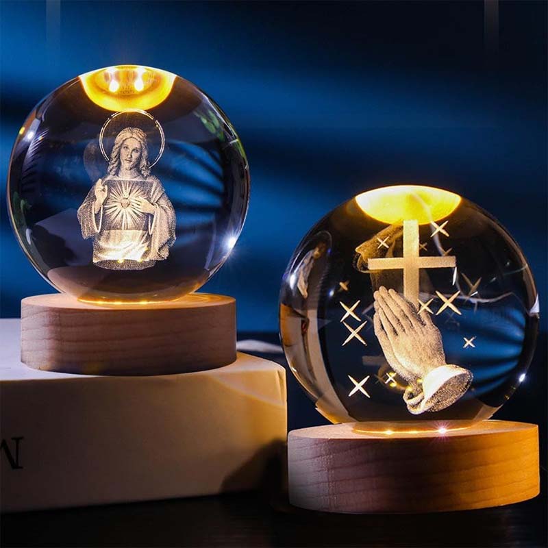 Religious themed Crystal Ball, 'Faith' etched, warm glowing light, perfect Christian gift item